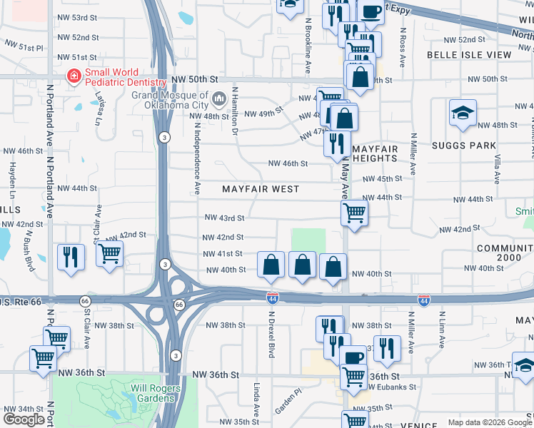 map of restaurants, bars, coffee shops, grocery stores, and more near 3105 Northwest 43rd Street in Oklahoma City