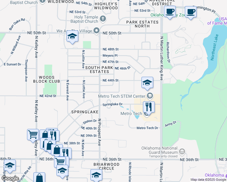 map of restaurants, bars, coffee shops, grocery stores, and more near 1543 Northeast 42nd Street in Oklahoma City