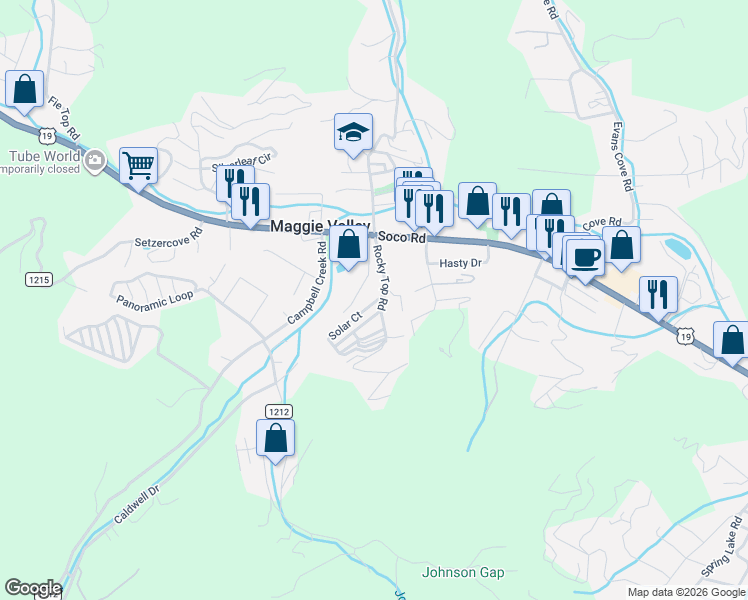 map of restaurants, bars, coffee shops, grocery stores, and more near 32 Solar Court in Maggie Valley