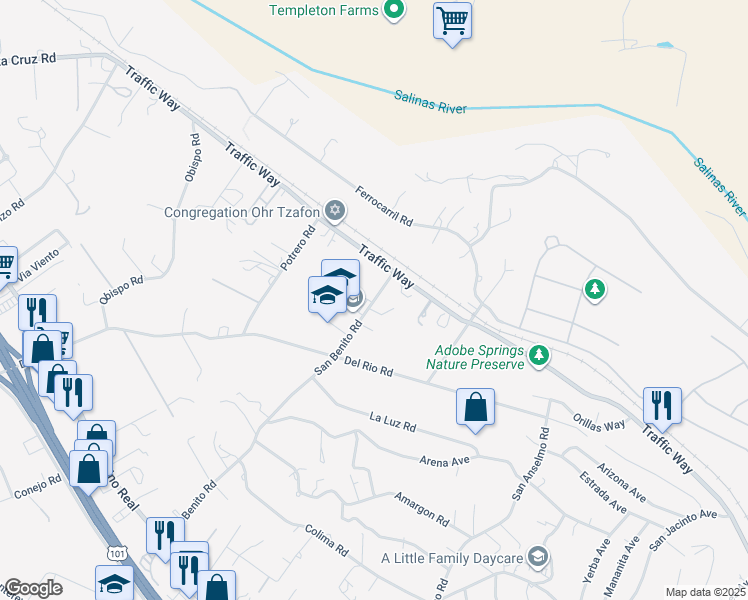 map of restaurants, bars, coffee shops, grocery stores, and more near 4300 San Benito Road in Atascadero