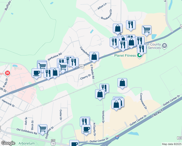 map of restaurants, bars, coffee shops, grocery stores, and more near 1027 Cherry Street in Smithfield