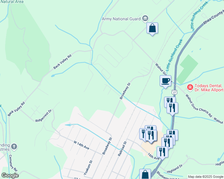 map of restaurants, bars, coffee shops, grocery stores, and more near Mountain Creek in Dayton