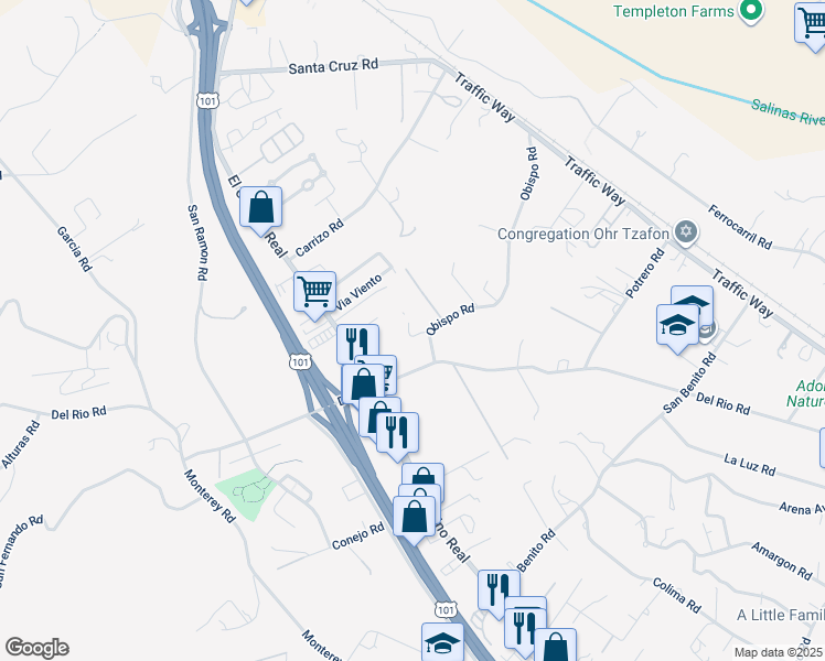 map of restaurants, bars, coffee shops, grocery stores, and more near 1802 Mirasol Way in Atascadero
