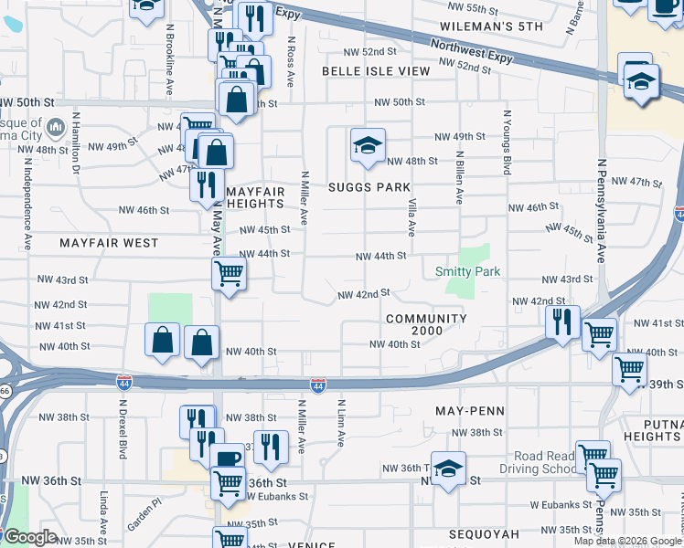 map of restaurants, bars, coffee shops, grocery stores, and more near 2625 Northwest 43rd Street in Oklahoma City