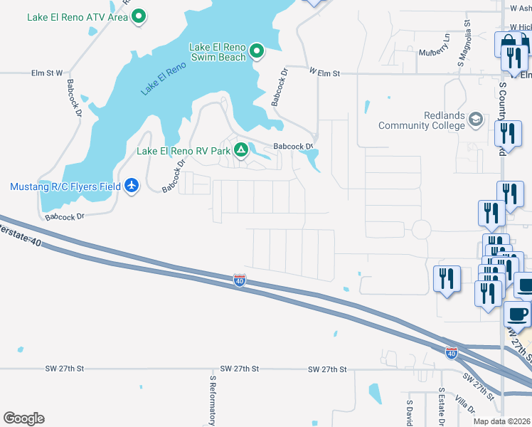 map of restaurants, bars, coffee shops, grocery stores, and more near Scarlet Lane in El Reno