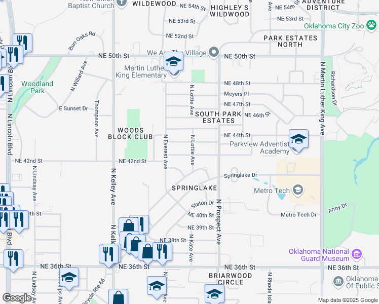 map of restaurants, bars, coffee shops, grocery stores, and more near 1241 Northeast 42nd Street in Oklahoma City