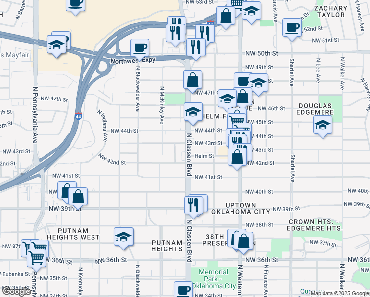 map of restaurants, bars, coffee shops, grocery stores, and more near 4323 N Classen Blvd in Oklahoma City
