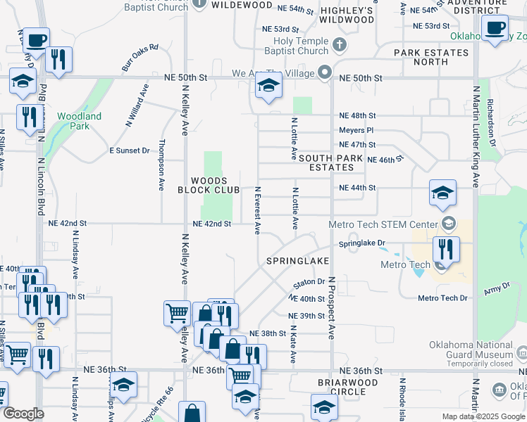 map of restaurants, bars, coffee shops, grocery stores, and more near 1205 Northeast 42nd Street in Oklahoma City