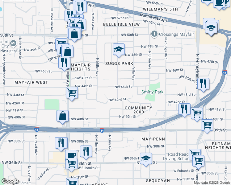 map of restaurants, bars, coffee shops, grocery stores, and more near 4401 North Linn Avenue in Oklahoma City