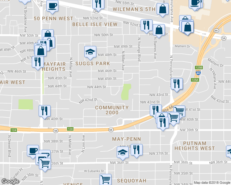 map of restaurants, bars, coffee shops, grocery stores, and more near 2411 Northwest 43rd Circle in Oklahoma City