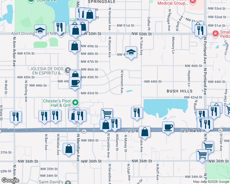 map of restaurants, bars, coffee shops, grocery stores, and more near 4213 Northwest 43rd Place in Oklahoma City