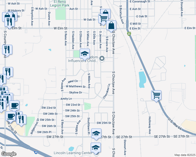 map of restaurants, bars, coffee shops, grocery stores, and more near 403 Jensen Drive in El Reno