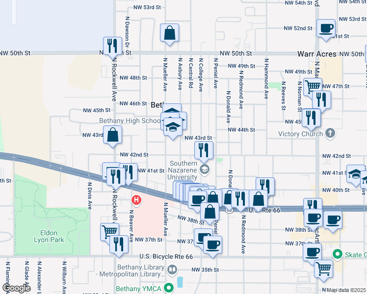 map of restaurants, bars, coffee shops, grocery stores, and more near 4306 North Asbury Avenue in Bethany