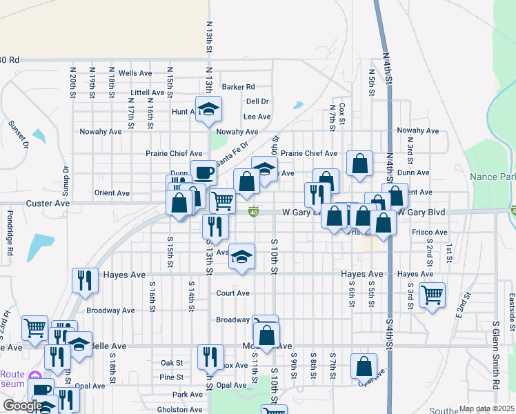 map of restaurants, bars, coffee shops, grocery stores, and more near 1023 West Gary Boulevard in Clinton