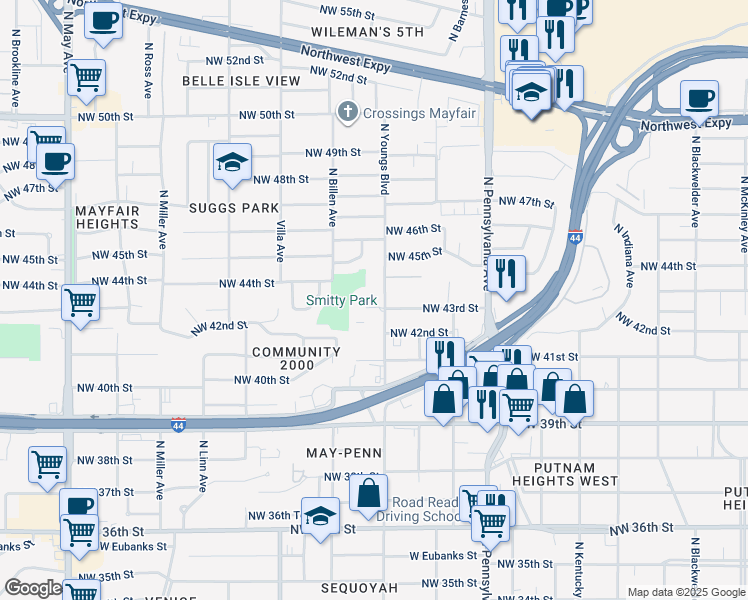 map of restaurants, bars, coffee shops, grocery stores, and more near 2307 Northwest 43rd Street in Oklahoma City