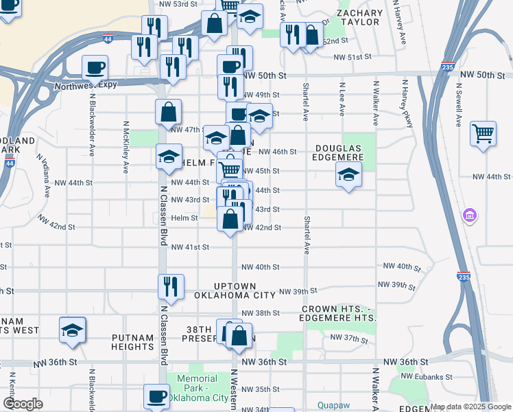 map of restaurants, bars, coffee shops, grocery stores, and more near 915 Northwest 43rd Street in Oklahoma City
