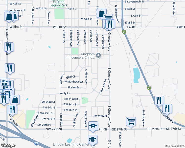 map of restaurants, bars, coffee shops, grocery stores, and more near 403 Jensen Drive in El Reno