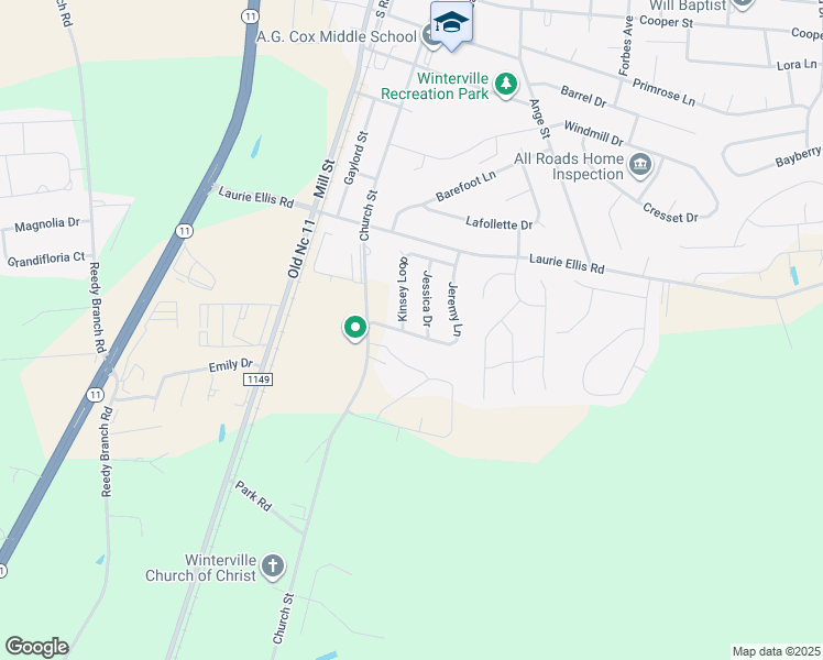 map of restaurants, bars, coffee shops, grocery stores, and more near 253 Jeremy Lane in Winterville
