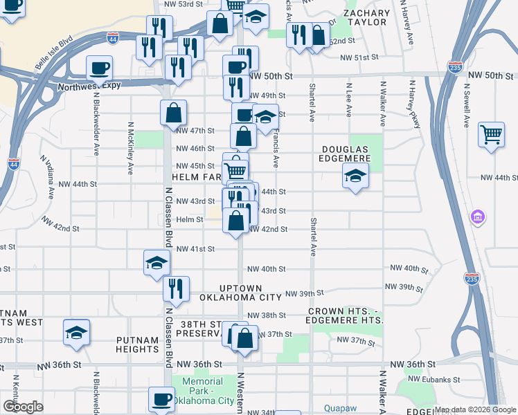map of restaurants, bars, coffee shops, grocery stores, and more near 915 Northwest 43rd Street in Oklahoma City