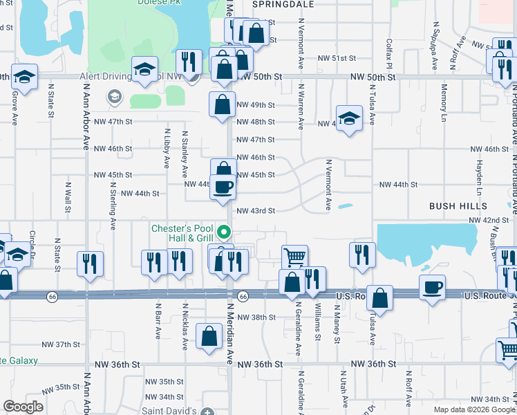 map of restaurants, bars, coffee shops, grocery stores, and more near 4340 Northwest 43rd Street in Oklahoma City