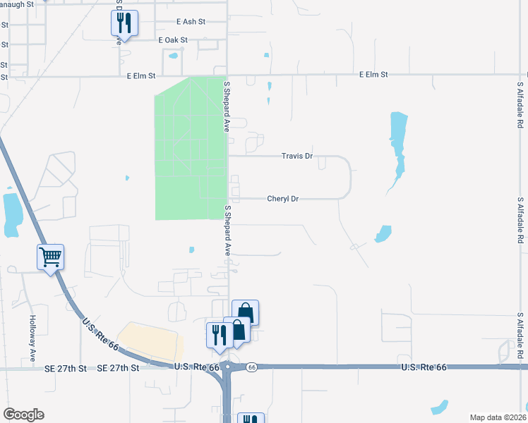 map of restaurants, bars, coffee shops, grocery stores, and more near 1816 Cheryl Dr in El Reno