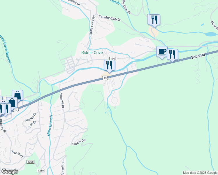 map of restaurants, bars, coffee shops, grocery stores, and more near 93 Mill Creek Road in Maggie Valley
