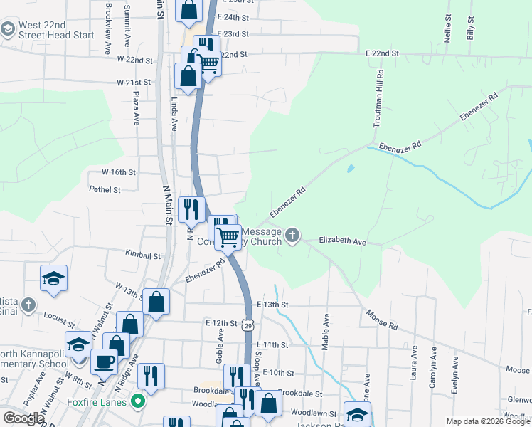 map of restaurants, bars, coffee shops, grocery stores, and more near 511 Ebenezer Road in Kannapolis