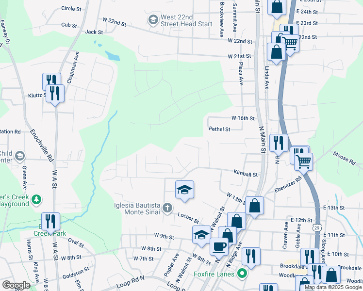 map of restaurants, bars, coffee shops, grocery stores, and more near 1419 Gary Street in Kannapolis
