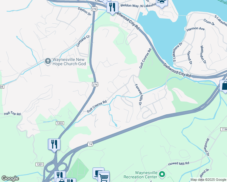 map of restaurants, bars, coffee shops, grocery stores, and more near 312 Golf Course Road in Waynesville
