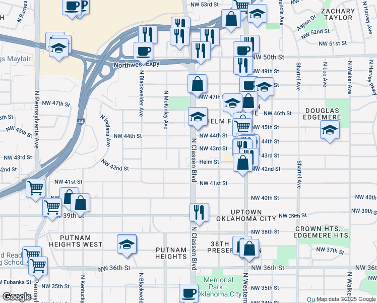 map of restaurants, bars, coffee shops, grocery stores, and more near 4323 North Classen Boulevard in Oklahoma City