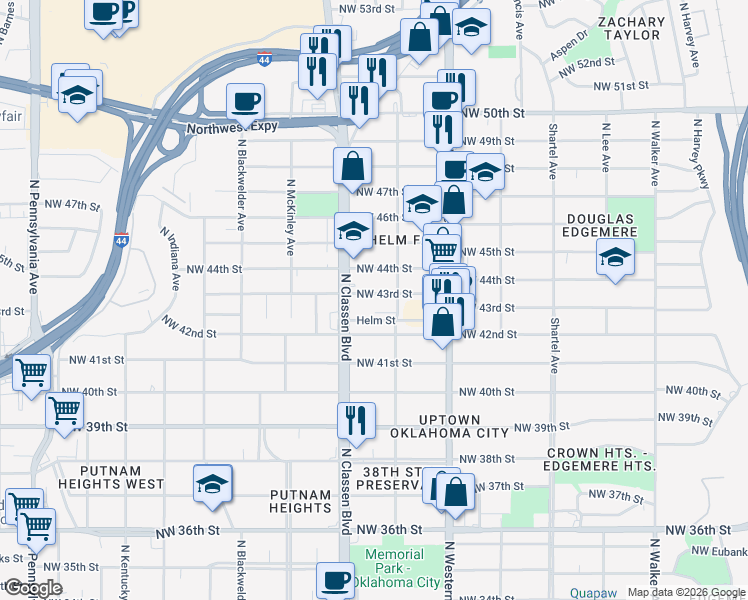map of restaurants, bars, coffee shops, grocery stores, and more near 1219 Military Court in Oklahoma City