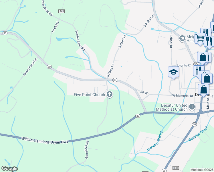 map of restaurants, bars, coffee shops, grocery stores, and more near Goodfield Road in Decatur
