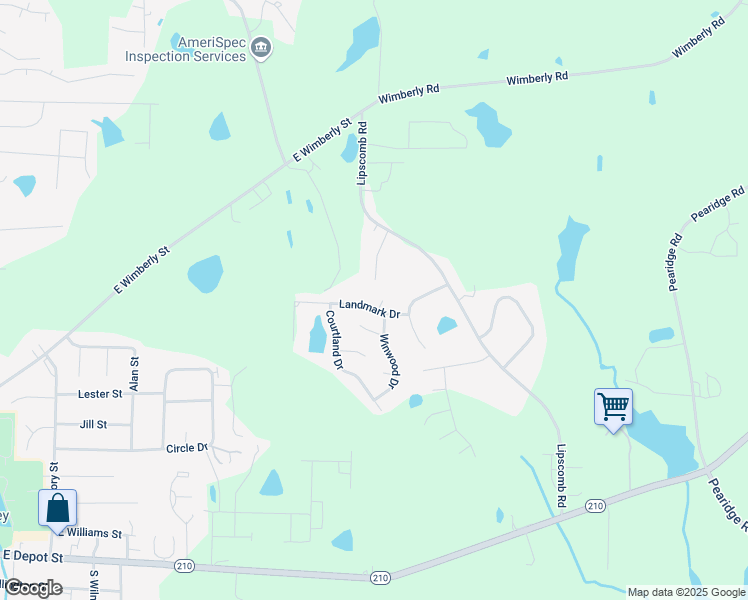 map of restaurants, bars, coffee shops, grocery stores, and more near 109 Landmark Drive in Angier