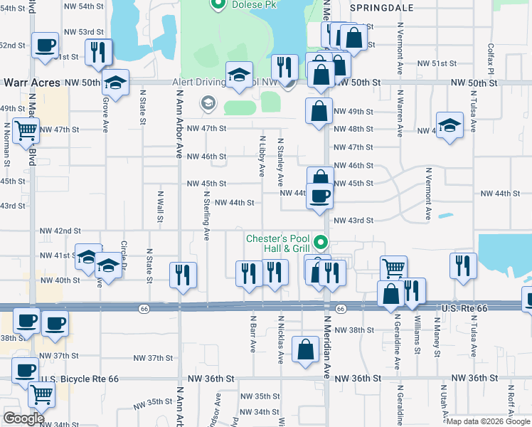 map of restaurants, bars, coffee shops, grocery stores, and more near 4308 North Libby Avenue in Warr Acres