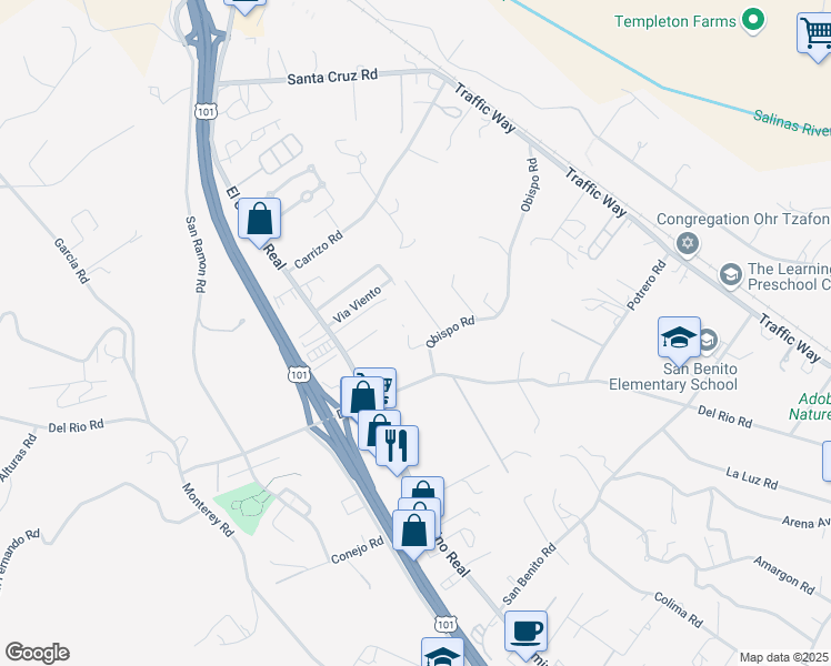 map of restaurants, bars, coffee shops, grocery stores, and more near 1802 Mirasol Way in Atascadero