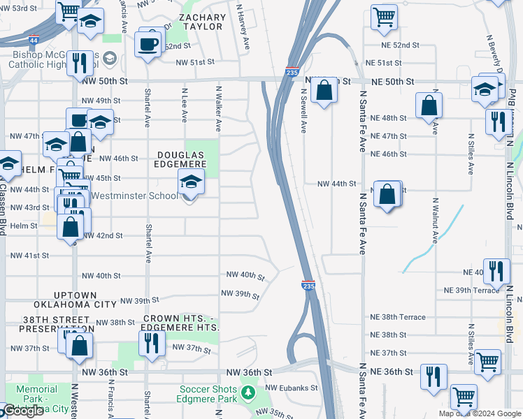 map of restaurants, bars, coffee shops, grocery stores, and more near 4400 North Harvey Parkway in Oklahoma City