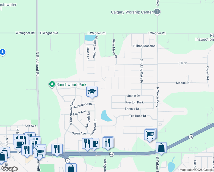 map of restaurants, bars, coffee shops, grocery stores, and more near 1000 Maple Street in Yukon