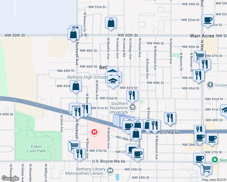 map of restaurants, bars, coffee shops, grocery stores, and more near 6721 Northwest 42nd Street in Bethany