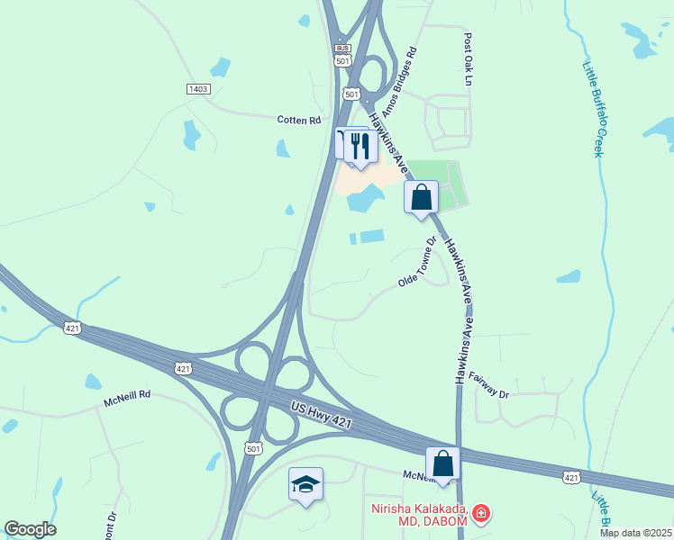 map of restaurants, bars, coffee shops, grocery stores, and more near 217 Acorn Drive in Sanford