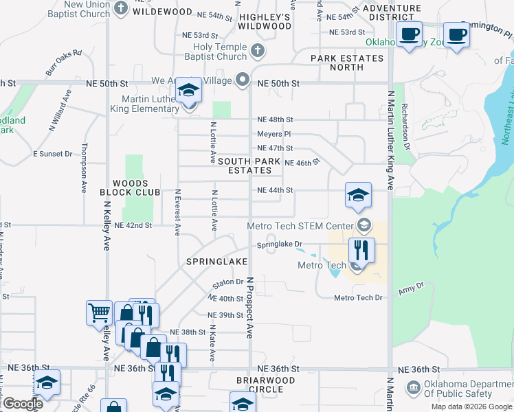 map of restaurants, bars, coffee shops, grocery stores, and more near 1507 Northeast 42nd Street in Oklahoma City