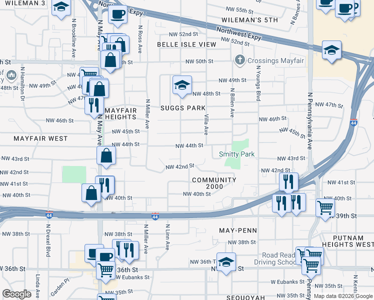 map of restaurants, bars, coffee shops, grocery stores, and more near 4401 North Linn Avenue in Oklahoma City