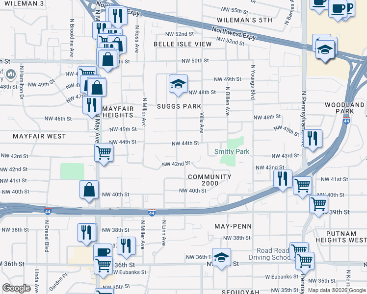 map of restaurants, bars, coffee shops, grocery stores, and more near 4401 North Linn Avenue in Oklahoma City