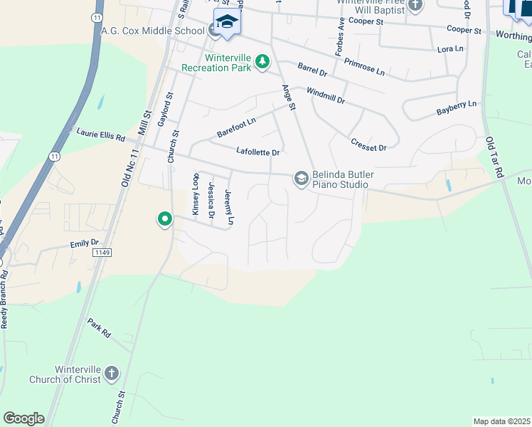 map of restaurants, bars, coffee shops, grocery stores, and more near 2907 Calla Lilly Lane in Winterville
