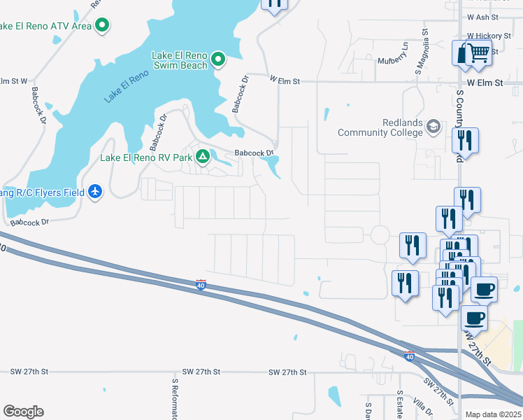 map of restaurants, bars, coffee shops, grocery stores, and more near 2101 Scarlet Lane in El Reno