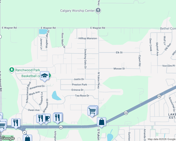 map of restaurants, bars, coffee shops, grocery stores, and more near 1058 Castlebury Mansion in Yukon