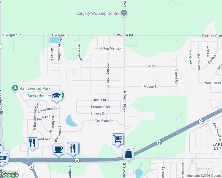 map of restaurants, bars, coffee shops, grocery stores, and more near 1058 Castlebury Mansion in Yukon