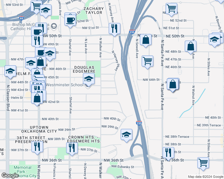 map of restaurants, bars, coffee shops, grocery stores, and more near 412 Northwest 44th Street in Oklahoma City