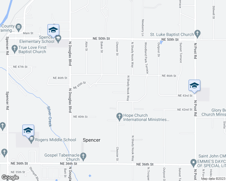 map of restaurants, bars, coffee shops, grocery stores, and more near 9317 Northeast 44th Street in Spencer