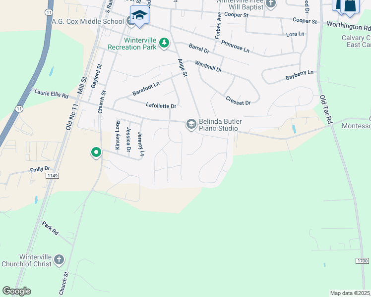 map of restaurants, bars, coffee shops, grocery stores, and more near 2841 Verbena Way in Winterville