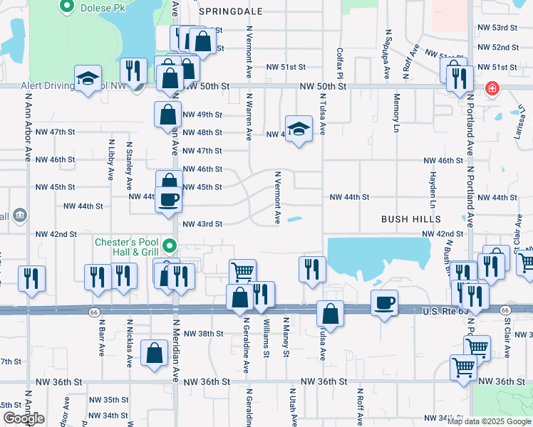 map of restaurants, bars, coffee shops, grocery stores, and more near 4213 Northwest 43rd Place in Oklahoma City
